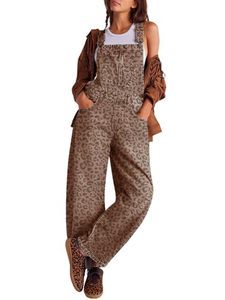 Women's Leopard Print Denim Overalls High Waist Loose Fit Casual Jumpsuit Spring Fashion Vintage Style Breathable Cotton Pants