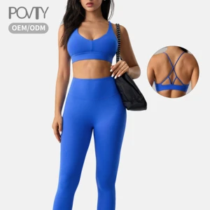 POVTY Women's Sexy Low-cut V Neck Spaghetti Strap Four-Way Stretch Breathable Washed High Support Yoga Sports Bras Crop Front