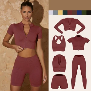 Wholesale Custom Logo Seamless Striped Yoga Wear Women's Tight-Fitting Push-Up Comfortable Shock-Absorbing Fitness ZIP Summer
