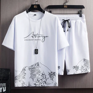 Men's Casual Summer New Solid Short-Sleeved T-Shirt Suit Korean-Style Slim-Fit Plus Size Sports Two-Piece Set Snow Mountain