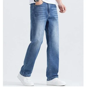 High Quality Custom Men Casual Woven Denim Pants Lightweight Mid Waist Loose Fit Wide Leg Solid Color