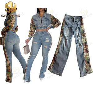 Denim Outfit Women Floral Patchwork Full Sleeve Button Fly Cropped Jacket + Ripped Jeans Pants Two Piece Set