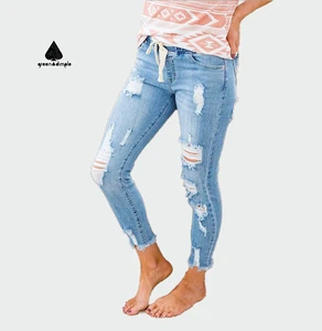 Customize Design Women's Heavily Washed Distressed Pencil Leg Jeans Grunge Streetwear Rips Stretch Denim Pants