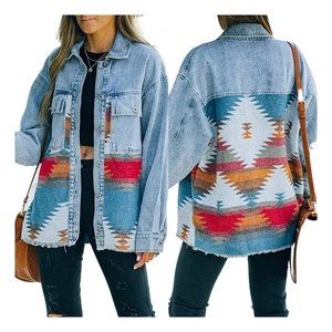 Channel 2025 Spring Autumn Distressed Lapel Long Sleeve Vintage Button Down Women's Aztec Western Denim Jacket