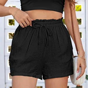 Cotton Shorts for Women High Waisted Wide Leg Drawstring Elastic Waist Loose Fit Ruffle Casual Summer Shorts with Pockets