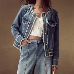 LARSUR Custom Factory studded Diamond Denim Jacket Distress Wash Raw Edge Long Sleeves Jeans Jacket for Women