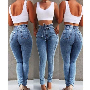 High Waist Jeans for Women Slim Stretch Denim Jean Bodycon Tassel Belt Bandage Push up Jeans Woman R1423