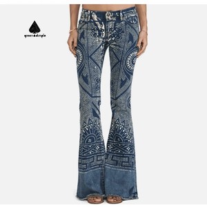 Vintage Design Floral Printed Skinny Elastic Washed Denim Pants Combinaison Jeans Pour Femme Stretch Low Rise Jeans Wanita Women