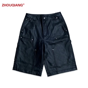 Custom Cotton Men's Double Knees Short Jeans Summer Black Wax Coated Denim Shorts