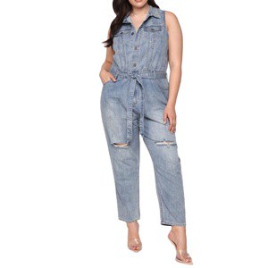 Wholesale OEM&ODM Service Fashion Design Light Wash Casual Plus Size Mom Denim Suspenders Overalls Jumpsuit