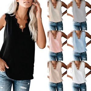 Summer Cross-border Elegant Woven Solid Color Lace V-neck Sleeveless Women's Top T Plus Size Chiffon Vest