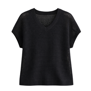 Women Knit Pointelle V Neck Short Sleeve Top Breathable Textured Summer Casual Loose Fit Fashion Pullover Sweater Shirt