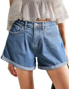EXORO APPARELS Women's High Waist Denim Shorts Light Blue 100% Cotton Straight Leg Casual Summer Breathable Medium Wash Regular