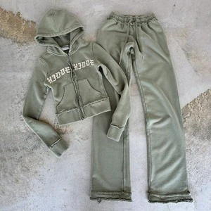 Custom Sweatsuit Jogging Suits Women 100% Cotton Zip Up Hoodie And Flare Sweatpants Distressed Women Hoodies For Girls