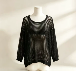 Breathable Hollow Knit Swim Cover Up, Oversized Long Sleeve Sheer Beach Tunic Top