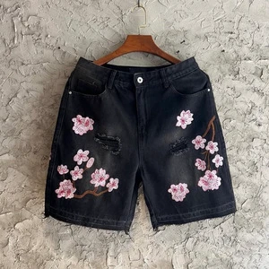 Custom Men's Baggy Denim Shorts High Quality 100% Cotton Heavy Embroidery Ripped Distressed Vintage Wash Streetwear Jorts