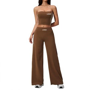Custom Logo Women 2 Piece Yoga Set Strapless Tube Top High Waist Wide Leg Pants Activewear