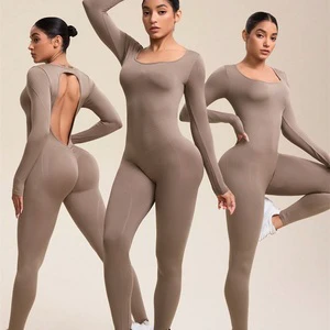 M801 Hot Sale Breathable Women Backless Push up High Elastic Tight Yoga Sports Jumpsuit Fitness One Piece Long Sleeved Pants