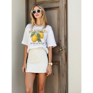 2026 Summer New Women's 100% Cotton Midi Length T-Shirt Fun Age-Reducing Fashion Lemon Print Versatile Casual Daily Top