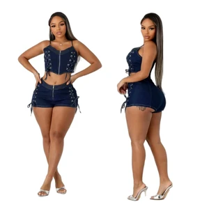 New Arrival Women's Casual Top & Above Knee Denim Shorts Set - 2-Piece Suit with Solid Pattern, Stylish & Comfortable for Summer