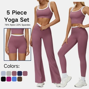 Womens Five Piece Yoga Set Contrast Trim Sports Bra Tank Top High Waist Shorts Leggings Flare Pants Activewear