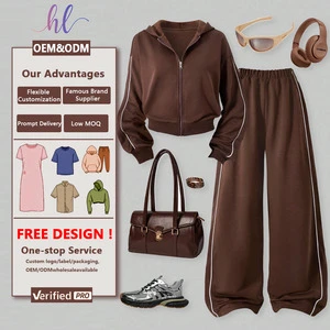 Low MOQ Factory OEM ODM Custom Casual Contrast Hooded Jacket and Wide Leg Pants Set Sweatsuit Tracksuit 2pcs Set