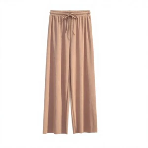 ODM OEM Customize Casual Loose Summer Anti-Wrinkle High Waist Drawstring Full Length Wide Leg Women's Khaki Jersey Pants