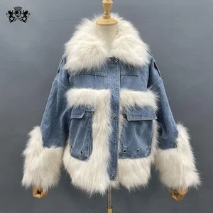 Janefur Women Rivet Denim Jacket Winter Latest Down Fur Coat Designs Lady Jean Jacket With Fur
