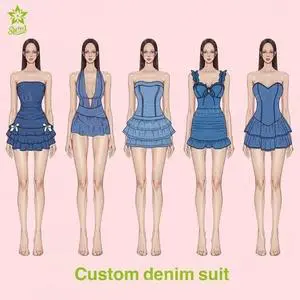 Custom Women's Bandeau Ruffled Trim Denim Suit Mini Dress Bow Detail Sleeveless Halter Neck Leisure Wear Stylish Summer Outfit