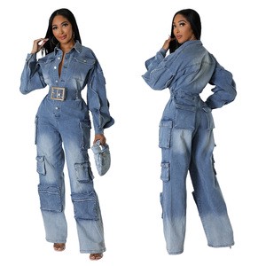Casual Elastic Waist Cargo Denim Jeans One Piece Denim Jumpsuit Women Wide Leg Denim Pants