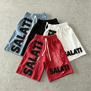 Custom Logo Heavyweight French Terry Patch Letter Sweat Shorts Raw Edge Splash Ink Loose Drawstring Streetwear Shorts For Men