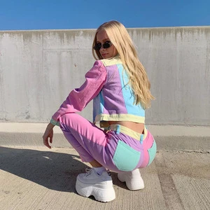 Spring Autumn Hot Sale Women's Personality Play Fun Contrast Color Stitching Denim Jackets Casual Straight Pants Jacket Suit
