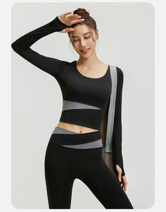 2025 JYMC023 New Arrival Seamless Contrasting Color Sports Yoga Long-sleeved With Chest Pad Fitness Crop Top for Women