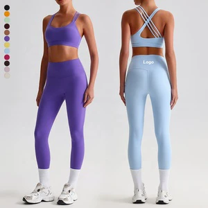 YIYI Women's Workout Sets High Waist Leggings Sports Bras Cross Back Straps Solid Pattern Yoga Pilates 2 Piece Outfits for Women