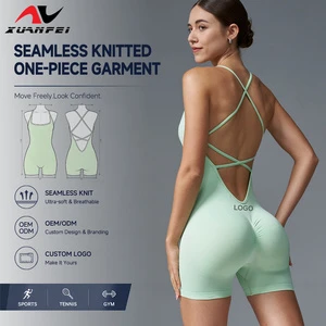 Custom Logo Women's Sport Jumpsuit Pleated Hip Tight Backless Fitness Rompers for Women