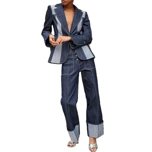 Best Supplier Women's Canvas Denim 2-Piece Set Casual Long Sleeve Turn-Down Collar Jackets Pockets High Waist Leg Pants Solid