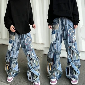 YSJY OEM Custom Streetwear Hip Hop Asymmetric Acid Wash Baggy Loose Oversized Boyfriend Jeans Denim Trousers for Men