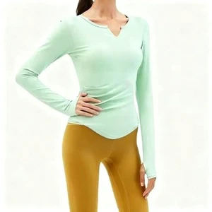 Yoga Tank Top Long-Sleeved Breathable Four-Way Stretch Loose V-Neck Nude Fitness Women's with Bra Pads