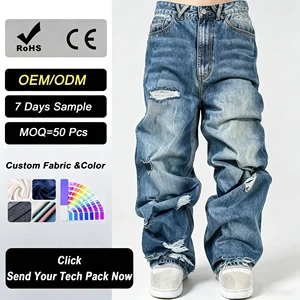 Plus Size Men's Y2K Punk Style Denim Pants Custom Logo Option Cotton Eco-Friendly Washable Spring Season