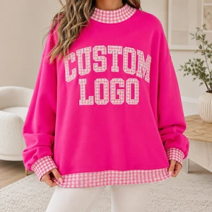 OEM Custom Women Letter Applique Sweatshirt Plaid Color Block Splicing Pullover Crewneck Long Sleeve Casual Streetwear Tops