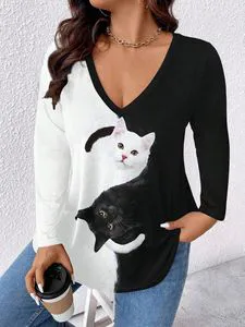 Plus Size Women's Casual Autumn V-Neck Polyester Top Cat Fashion Printed Black and White Color Block Long Sleeve T-shirt