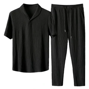 Summer Men's Casual Sports Suit Lightweight Breathable Fashionable Collared Short Sleeved Long Pants Two-piece Set