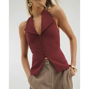 2025 Customized Summer Vintage Breathable Sustainable Waistcoat Plus Size Long Backless Split Hem Sleeveless Halter Button Suits
