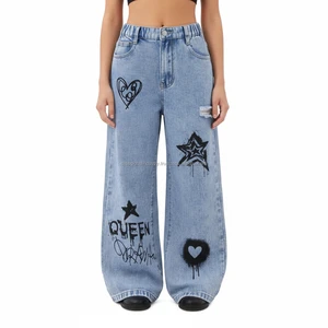 Hot Sale Custom Graphic Print Breathable Eco-Friendly Women's Denim Y2K Casual High Waist Baggy Streetwear Summer Colored