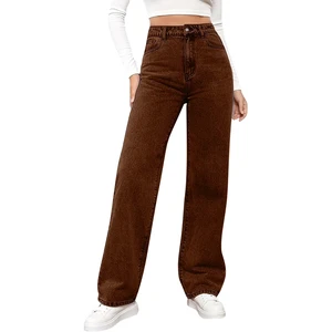 Vintage Y2K Women's Jeans Straight Denim Pants Slight Stretchy Pockets Wide Leg High Waist Loose Eco-Friendly Long Trousers