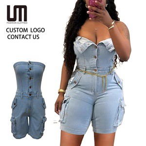 Women's 2025 Trendy Denim Romper Cargo Pocket Button Short Jumpsuit Sleeveless Backless Streetwear Overalls Fashion