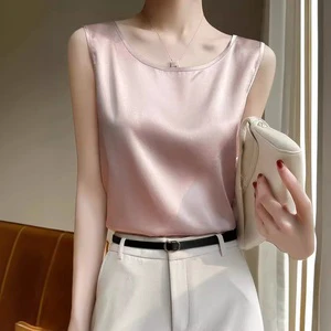 Summer Silk Camisole Vest for Women Loose Round Neck Acetate Outer Wear Plus Size Sleeveless Satin Inner Layer Base Top