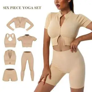 Lanyu TFitness Six-Piece Sports Bra Set Breathable Lightweight Plus Size Yoga Clothing Solid Pattern Short Sleeve Four-Way