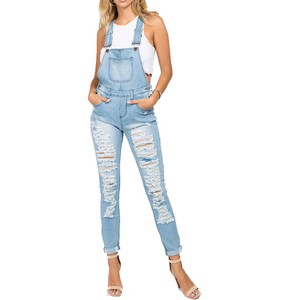 High Waist Women's Denim Overalls Skinny Fit Distressed Ripped Cotton Jumpsuit Casual Eco-Friendly Breathable Winter Style