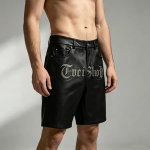 Heavyweight Black Leather Shorts With Gothic DTG Print Streetwear High Waist Vintage Style Zipper Pants For Men